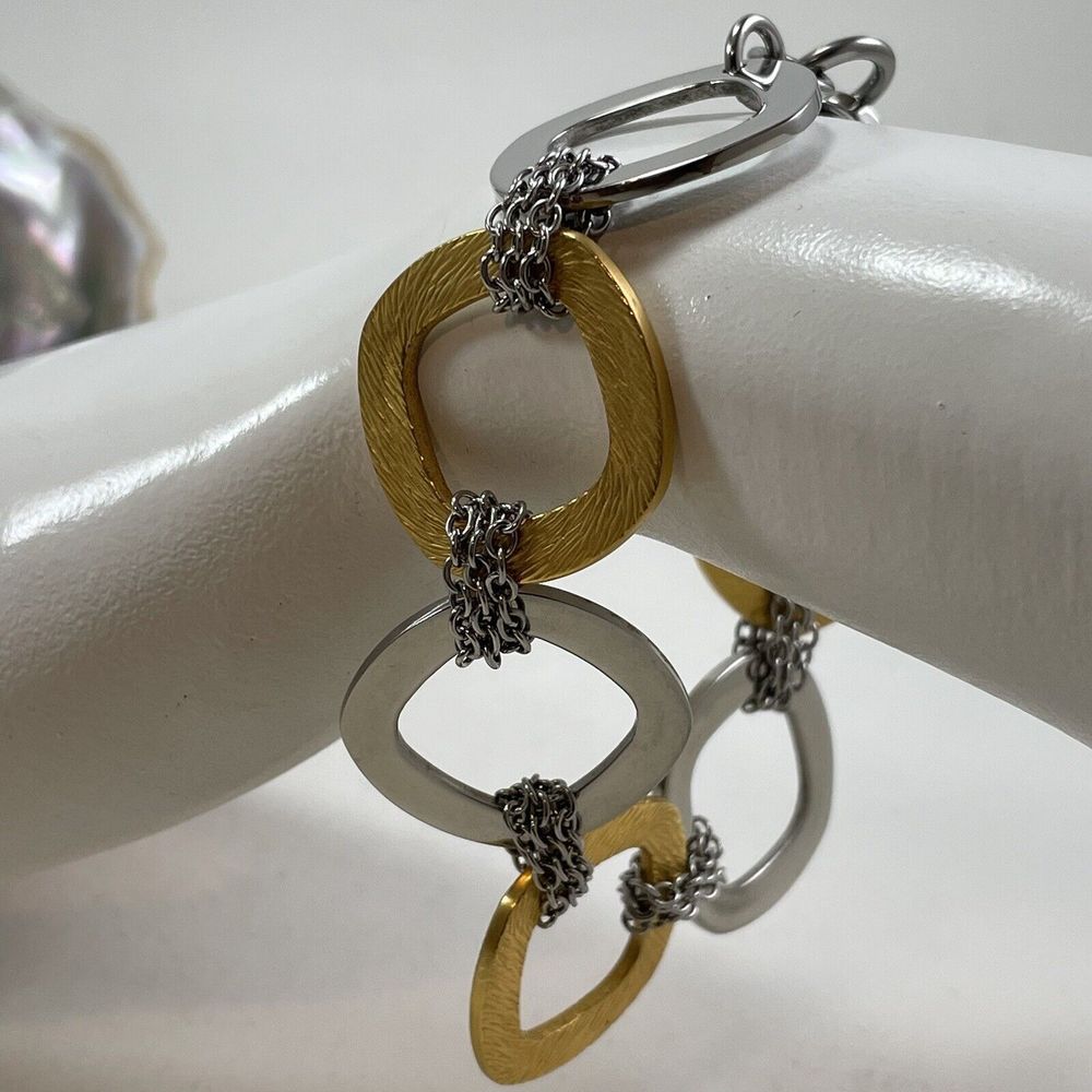 QVC Steel By Design Two Tone 28” Necklace & 8” Bracelet Earrings Rounded Square - Picture 8 of 16